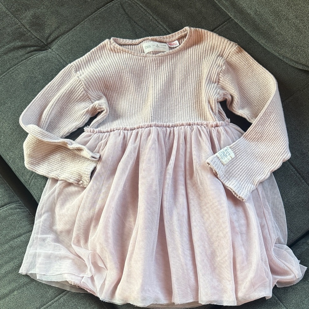 Zara Light Pink Ribbed Knit & Tulle Dress